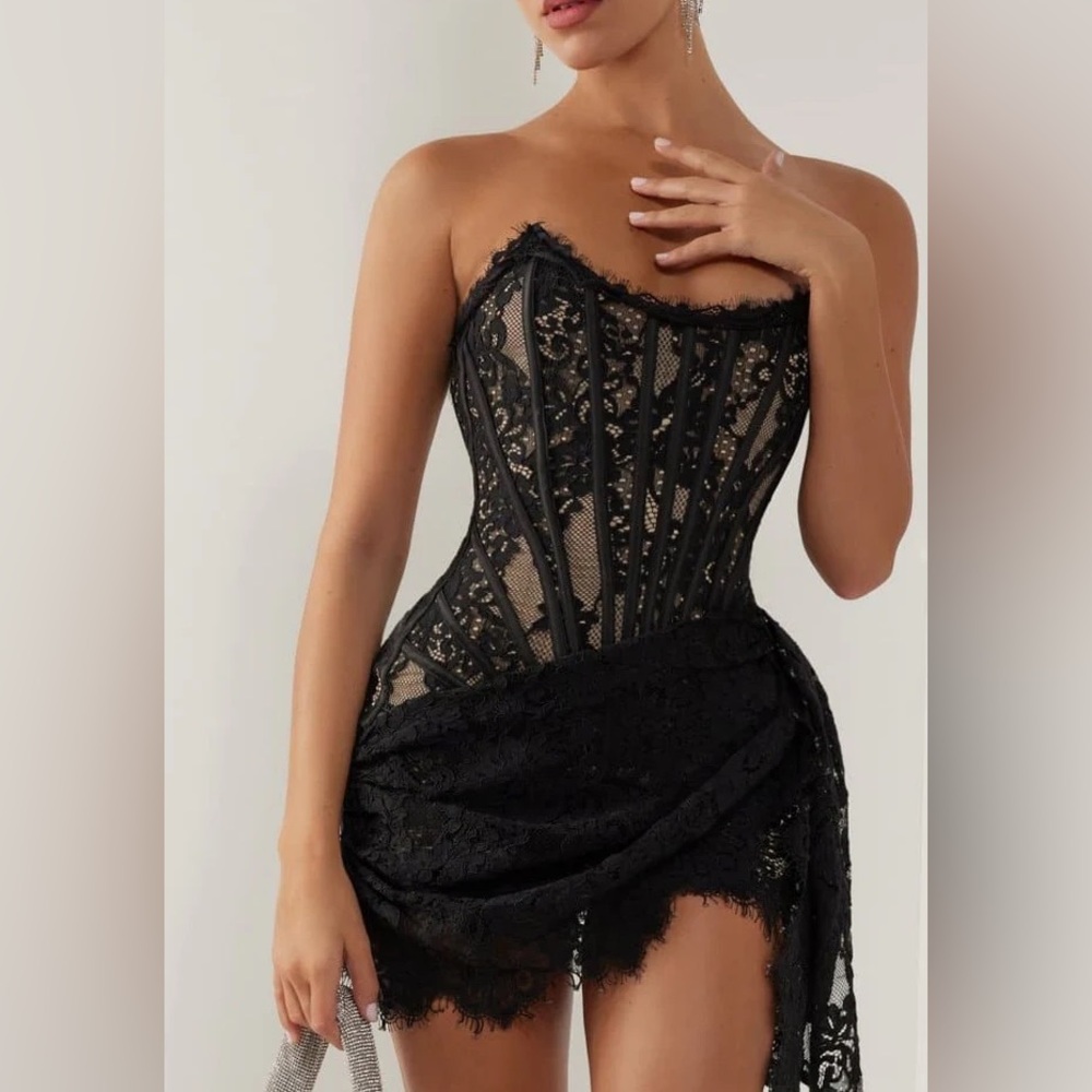 Heiress Beverly Hills Black Lace Corset Draped Mini Dress